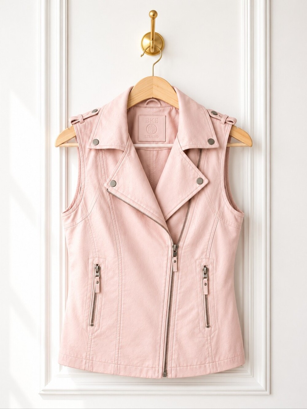 Max Studio Blush Pink Faux Leather Moto Vest Size Medium | Asymmetrical Zip - Picture 6 of 9